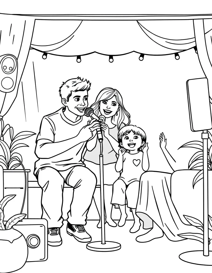 (family) Family having a karaoke night