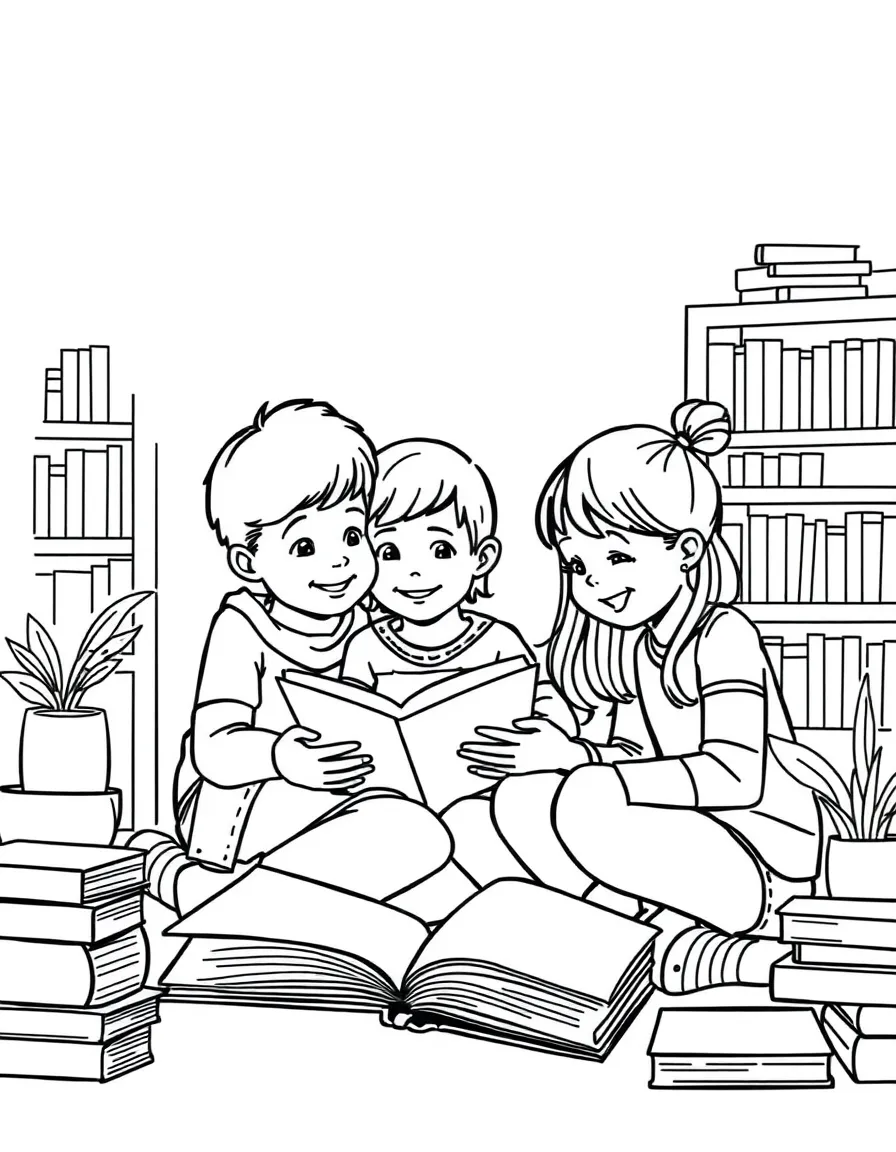 (family) Kids helping parents organize books