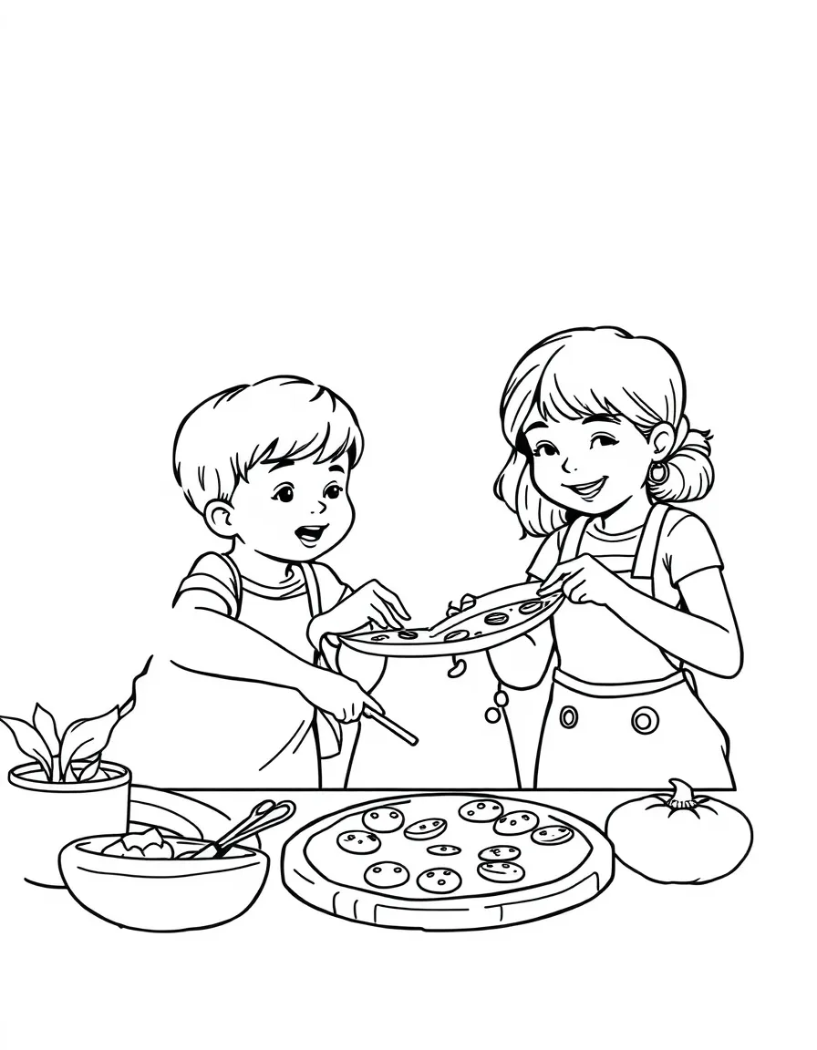 (family) Kids helping mom make pizza
