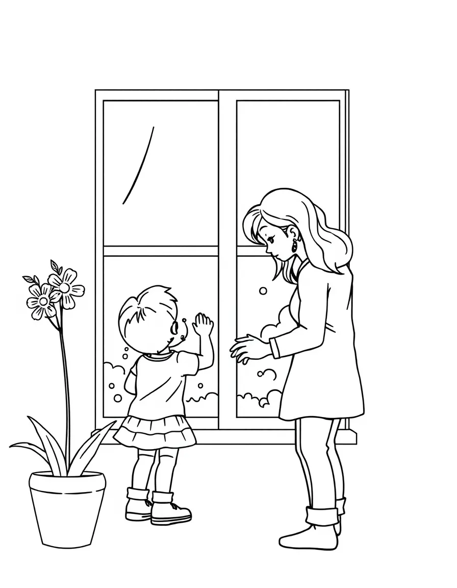 (family) Children helping parents clean windows