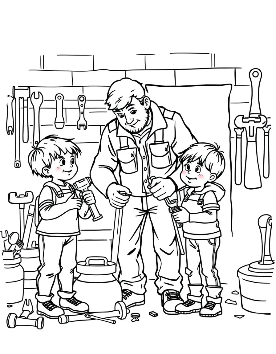 (family) Kids helping dad organize tools