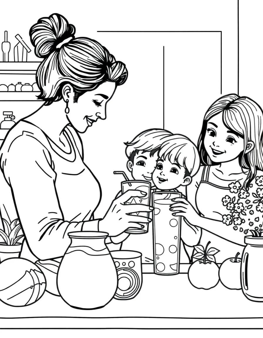 (family) Children helping mom make smoothies
