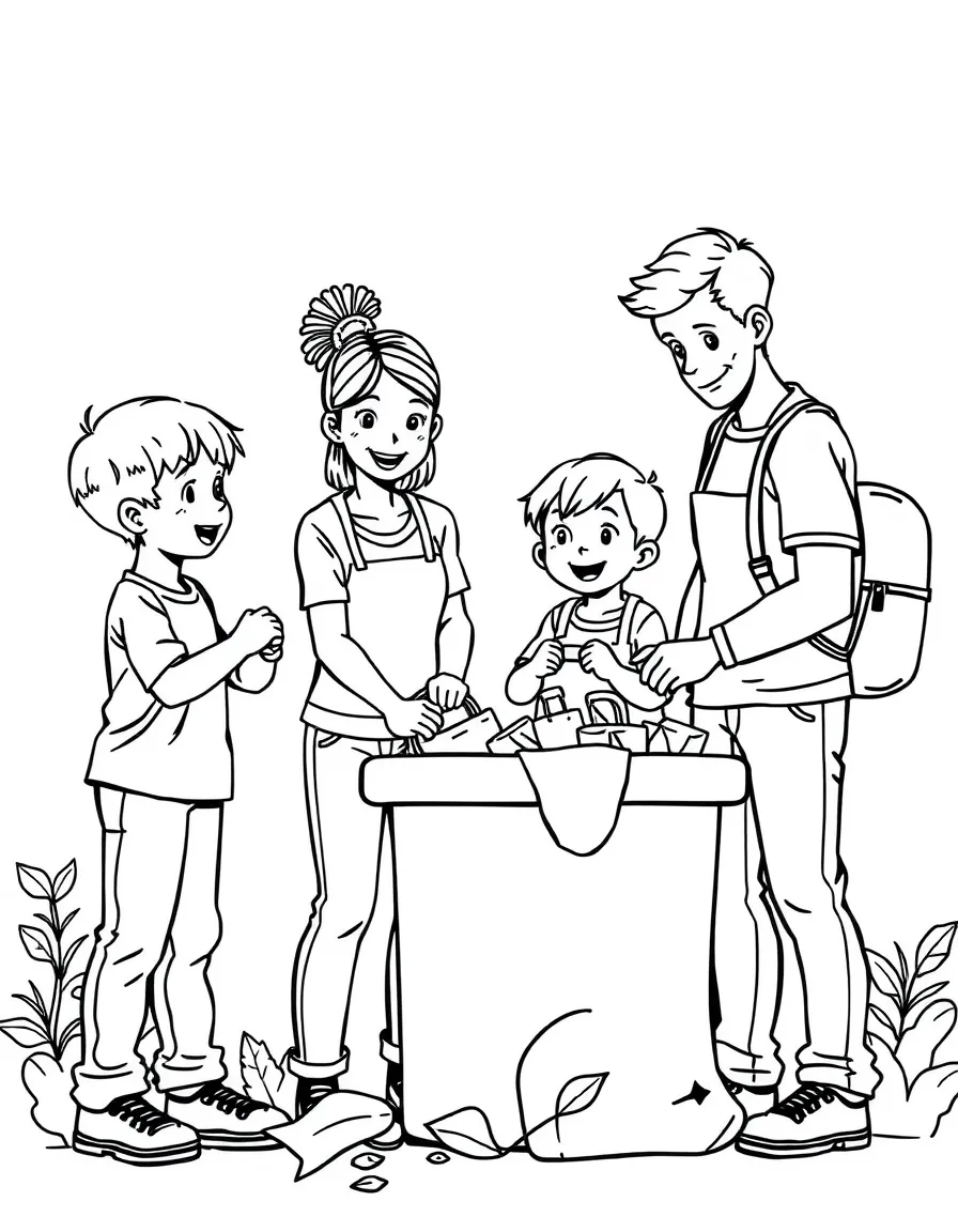 (family) Kids helping parents sort recycling