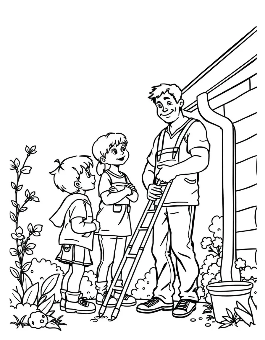 (family) Children helping dad clean gutters
