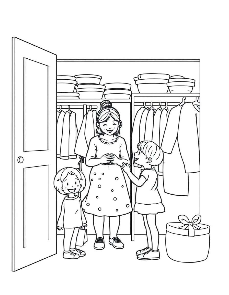 (family) Children helping parents organize closets