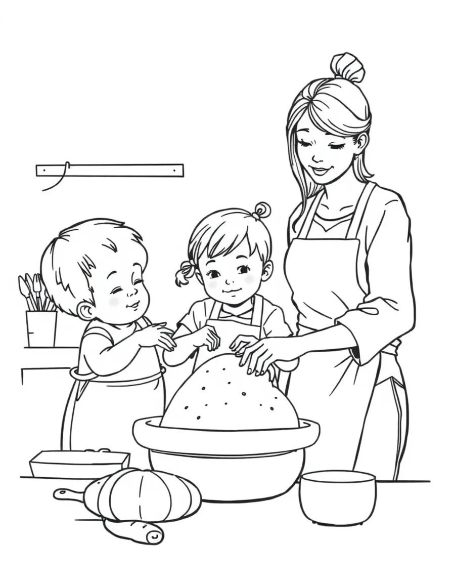(family) Children helping mom make homemade bread