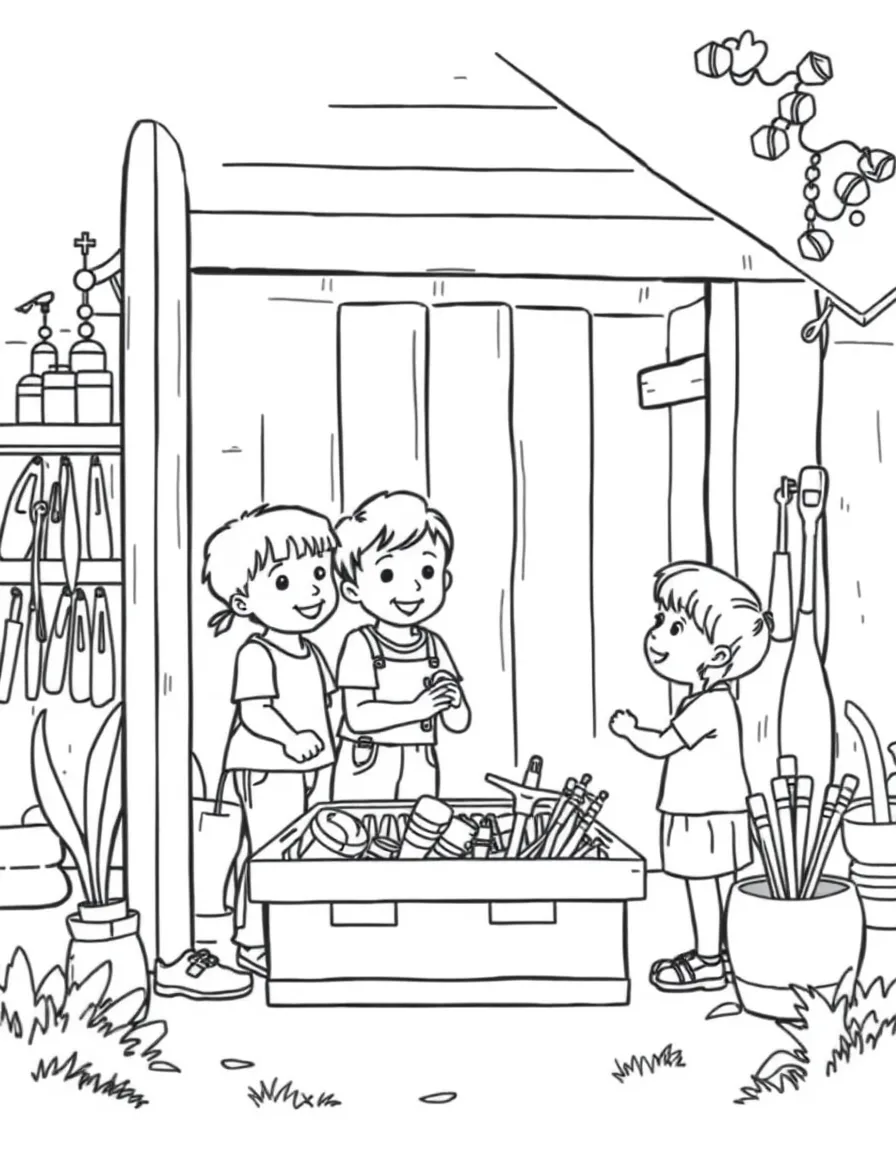 (family) Children helping dad organize the shed