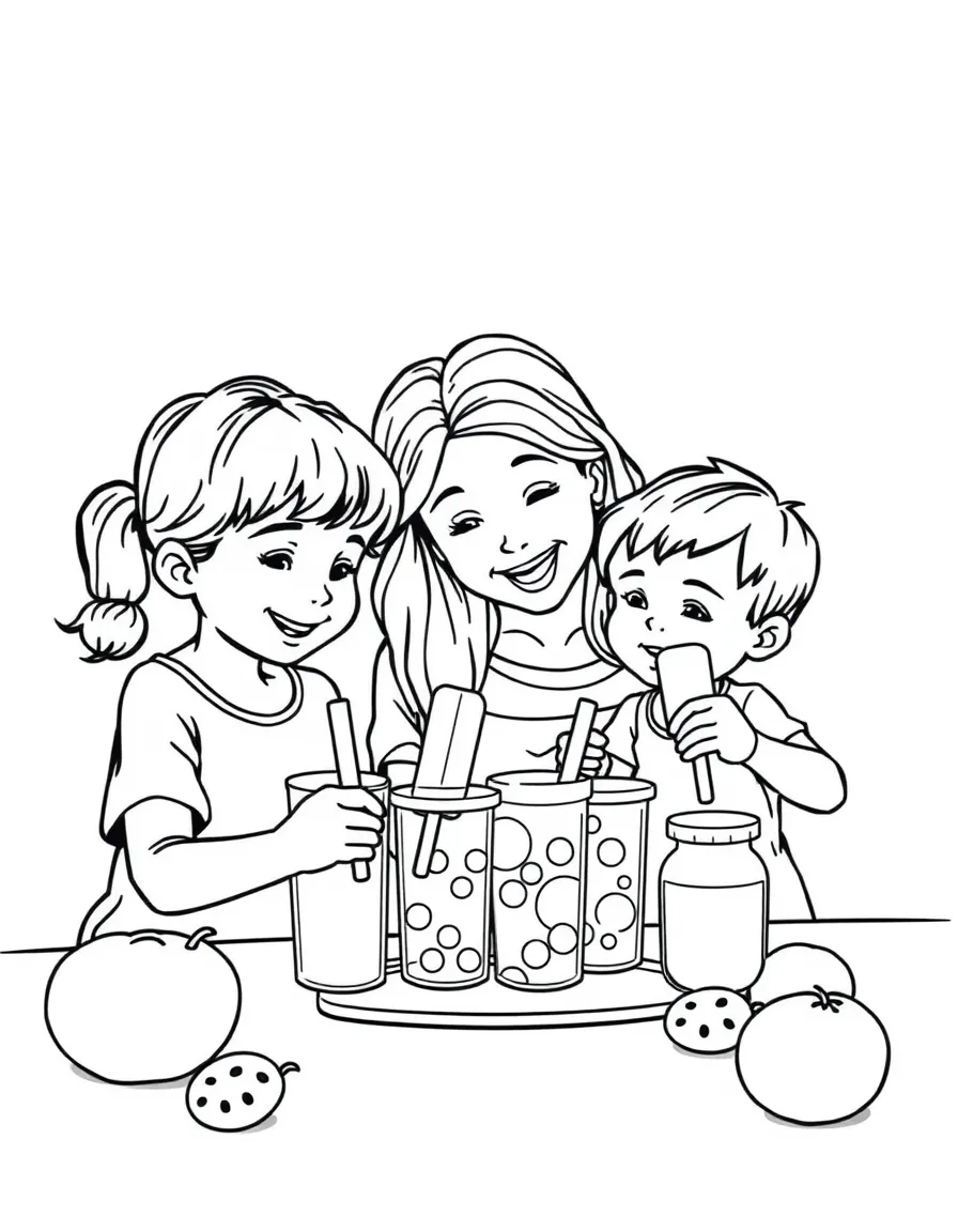 (family) Kids helping mom make juice popsicles