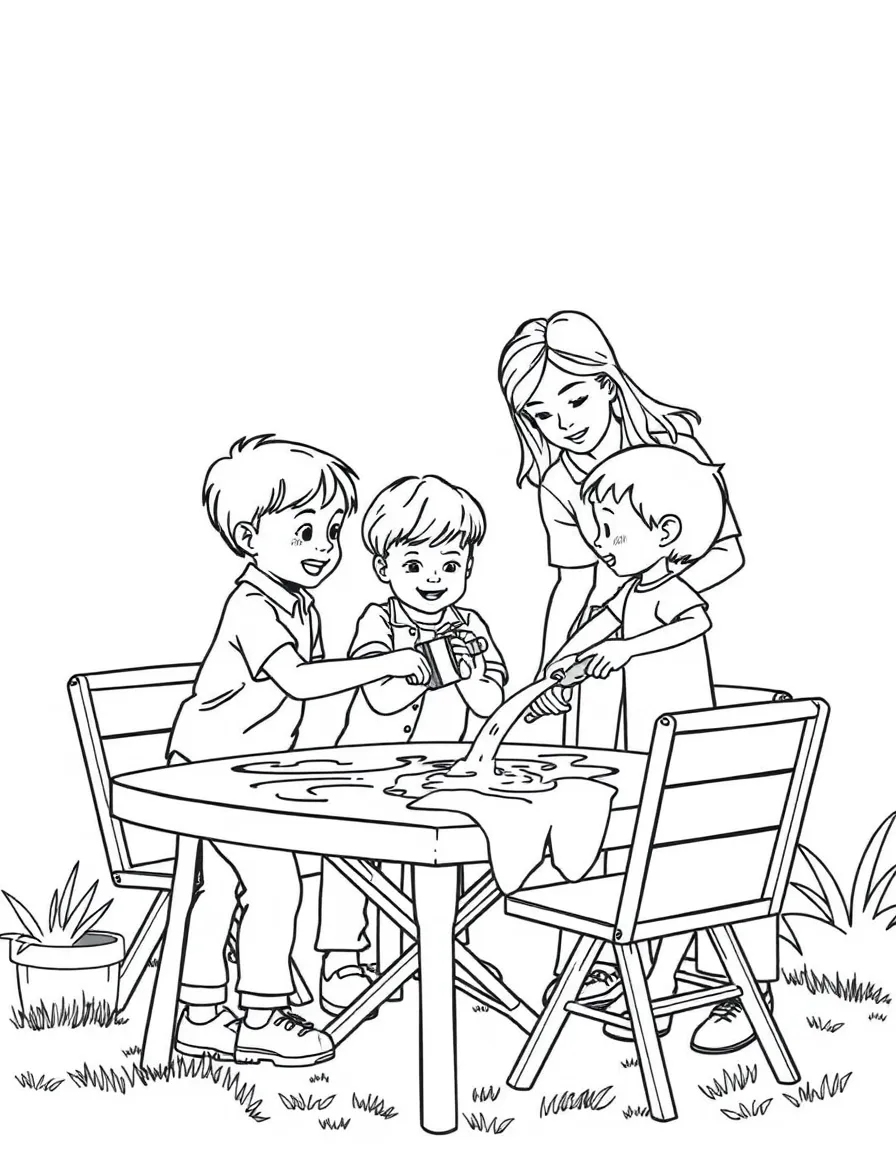 (family) Children helping parents wash outdoor furniture
