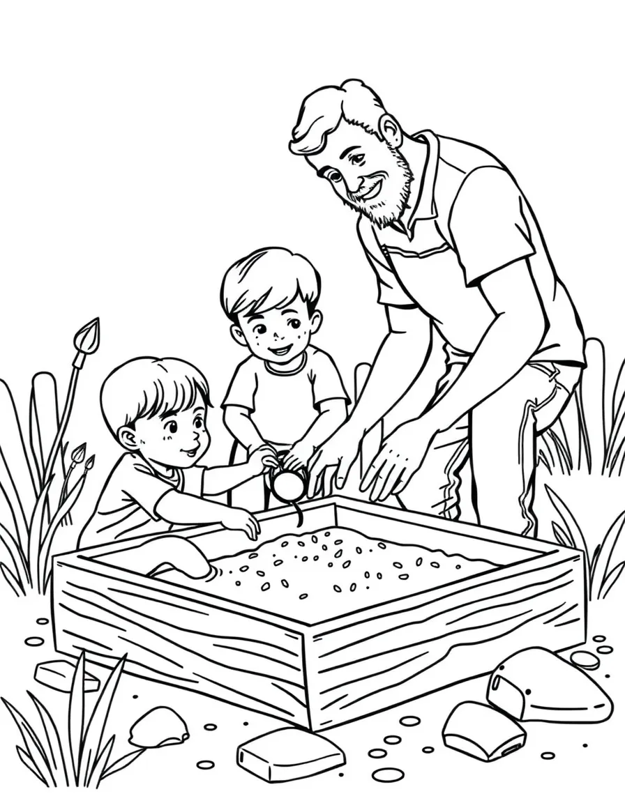 (family) Kids helping dad build a sandbox