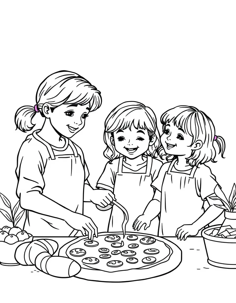 (family) Children helping mom make homemade pizza