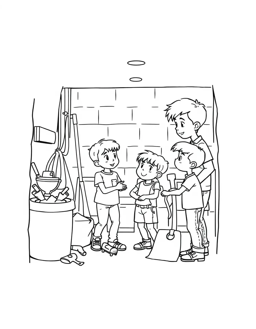 (family) Children helping dad clean the basement