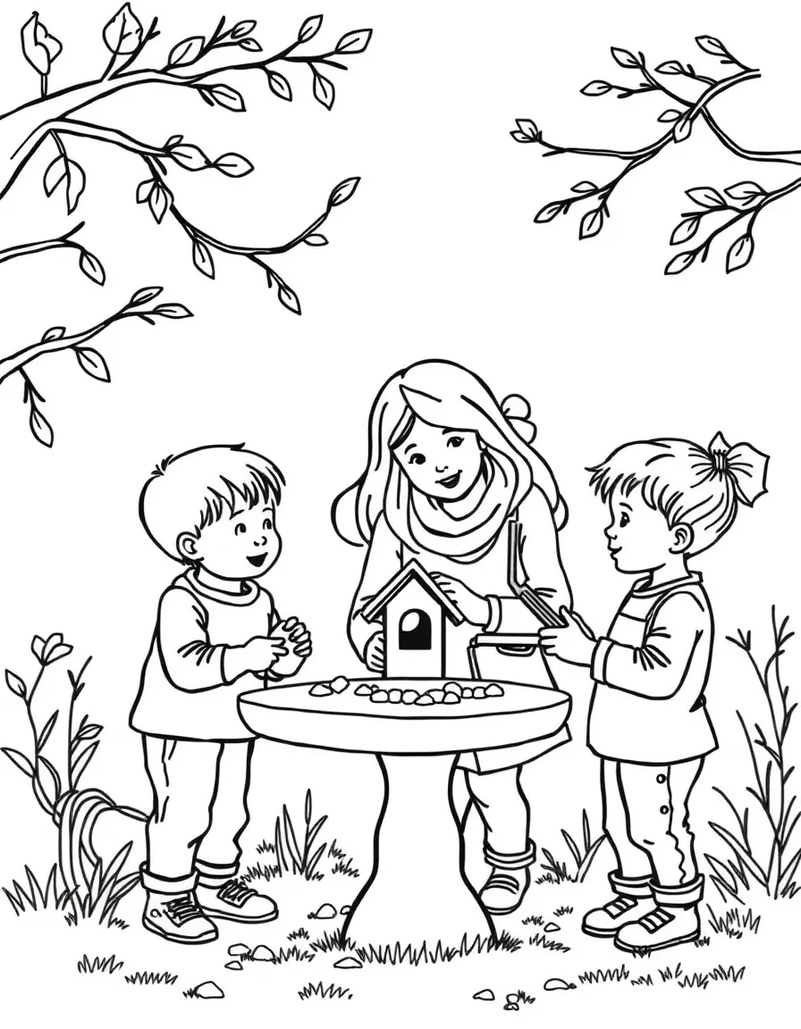 (family) Kids helping mom make bird feeders