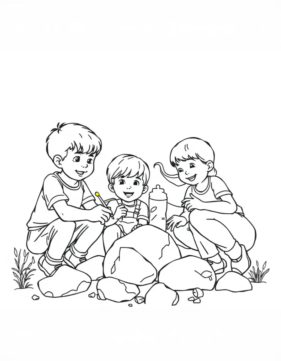 (family) Children helping parents paint rocks