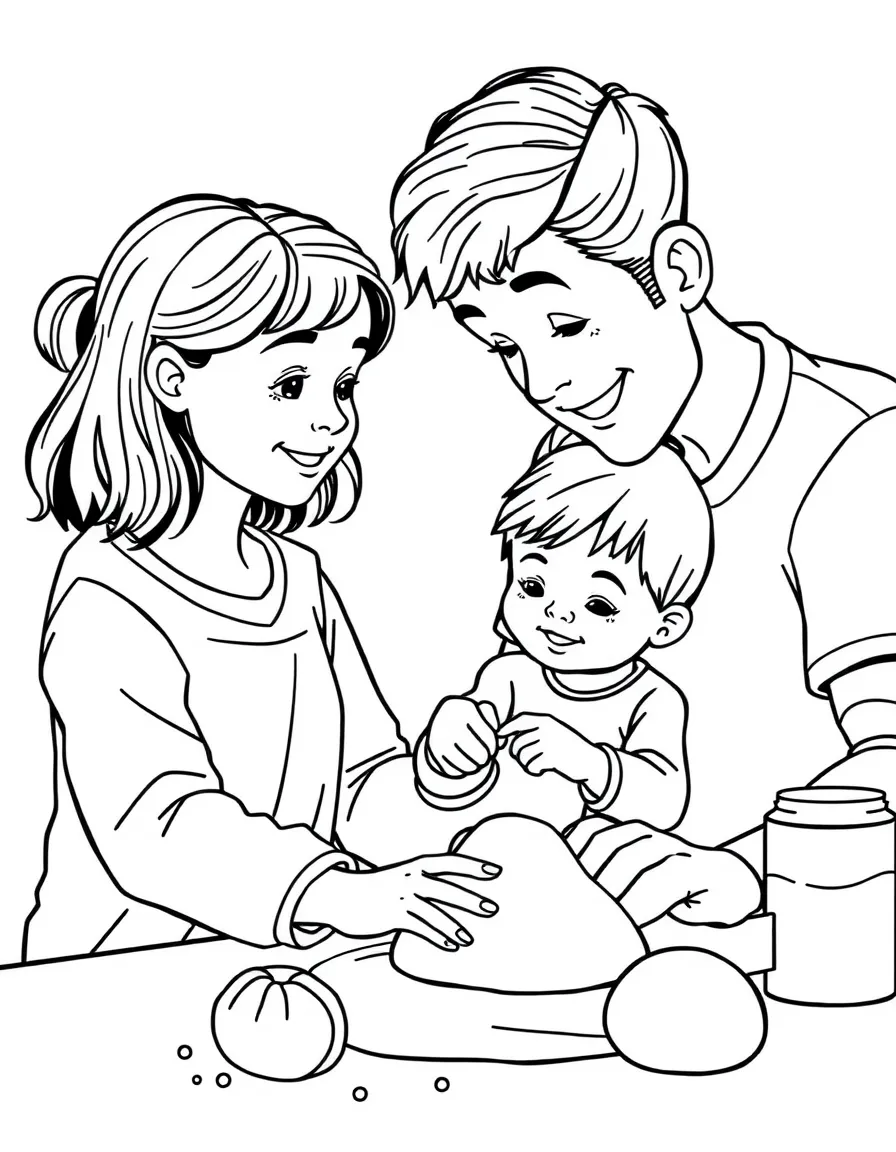 (family) Children helping mom make playdough