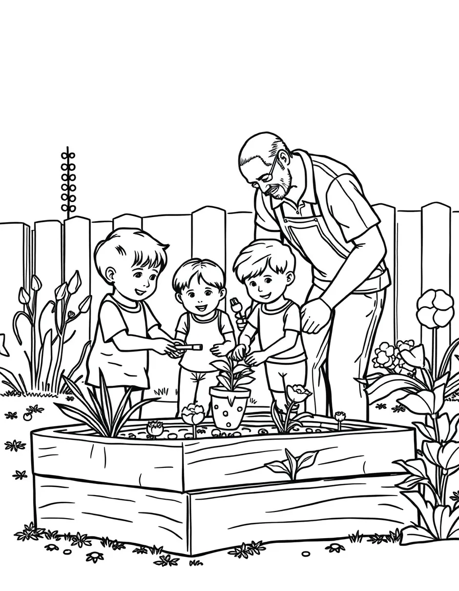 (family) Children helping dad build raised garden beds