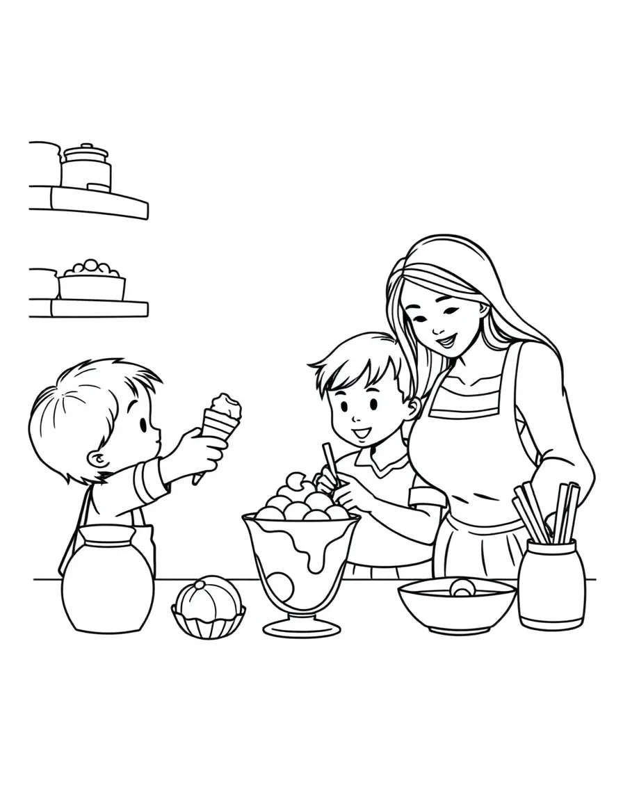 (family) Kids helping mom make homemade ice cream