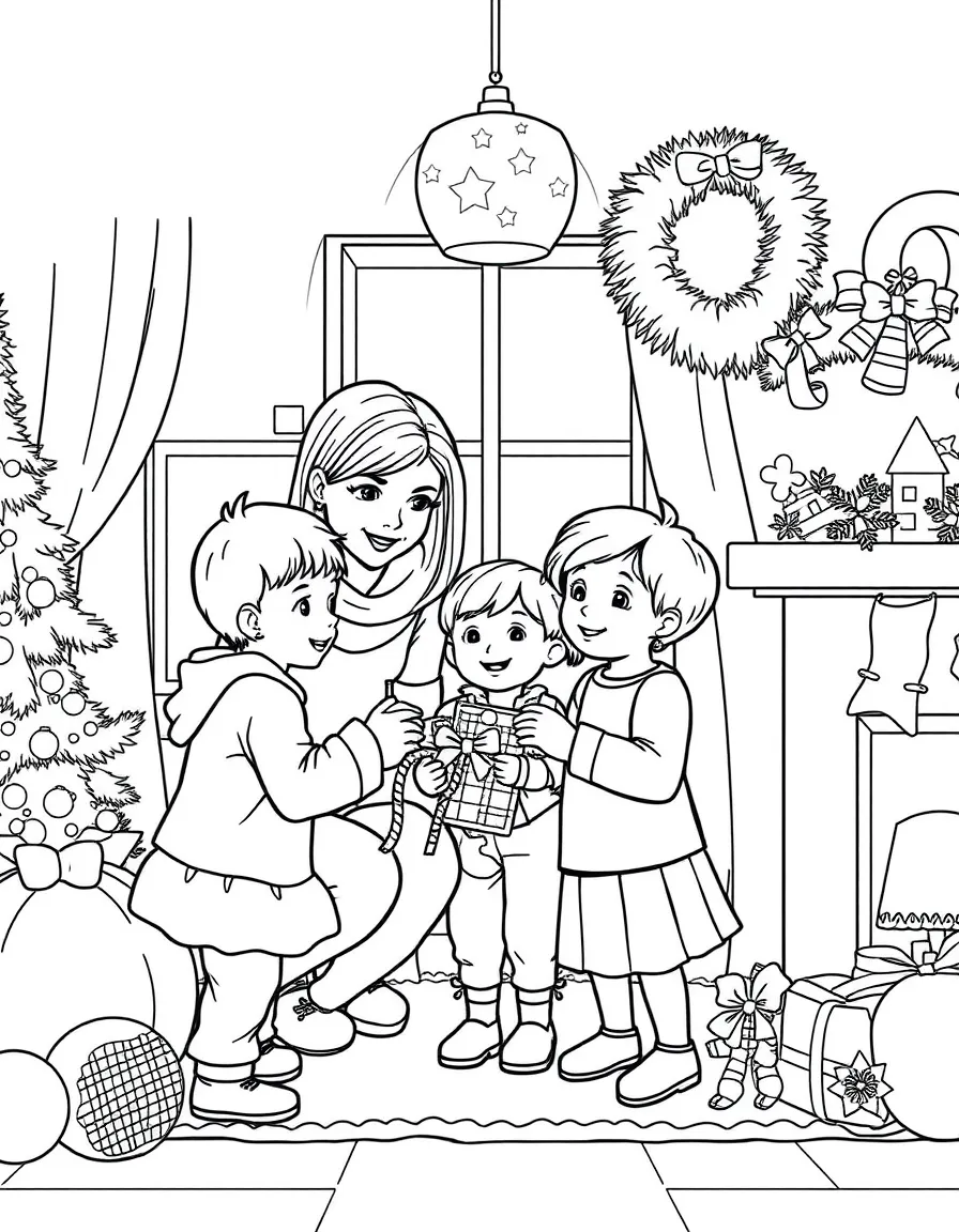 (family) Children helping parents organize holiday decorations