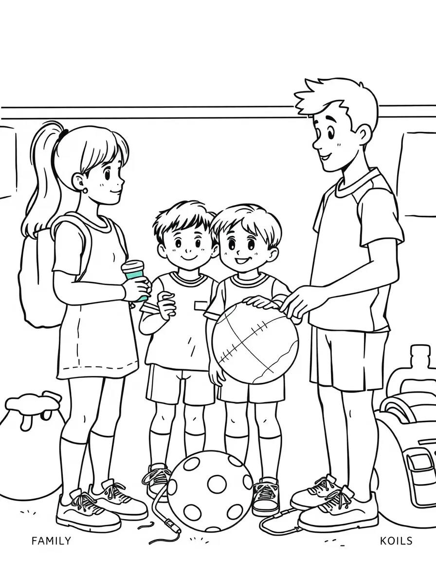 (family) Kids helping parents organize sports equipment