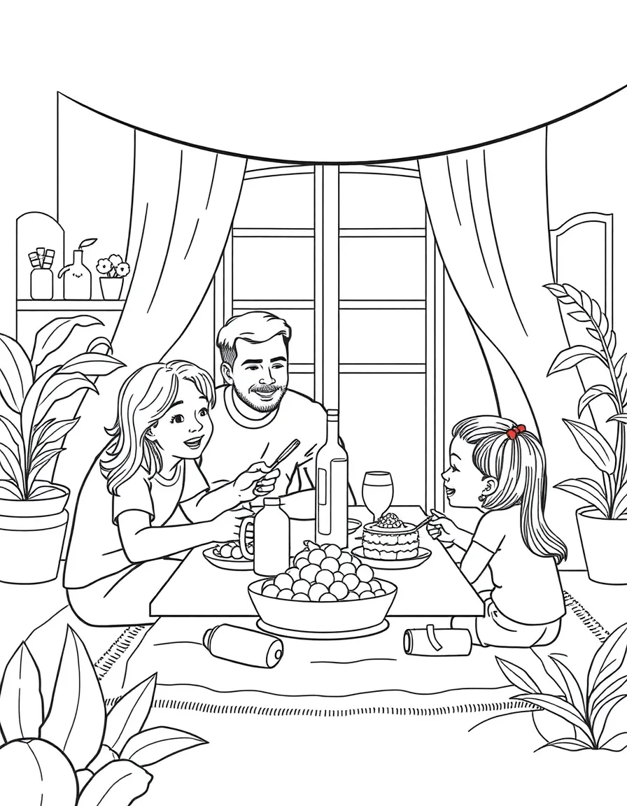 (family) Family having a indoor picnic