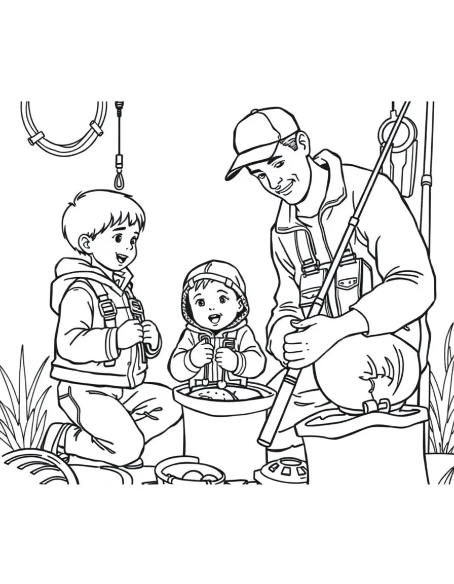 (family) Kids helping dad organize fishing gear