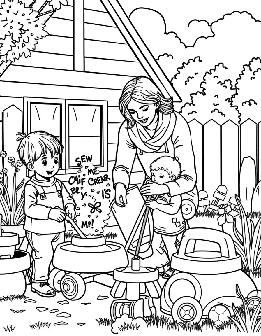 (family) Kids helping parents clean outdoor toys