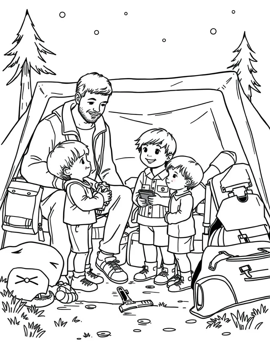 (family) Children helping dad organize camping gear
