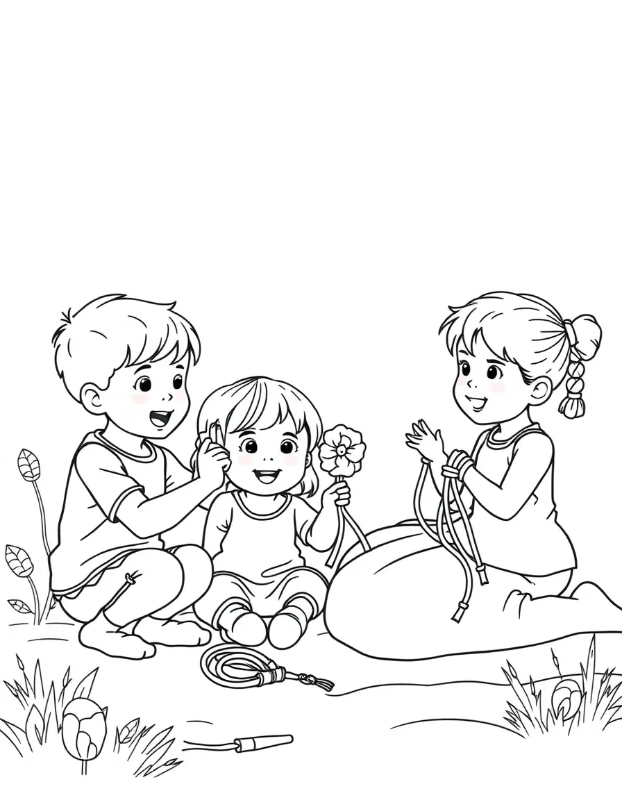 (family) Kids helping mom make friendship bracelets