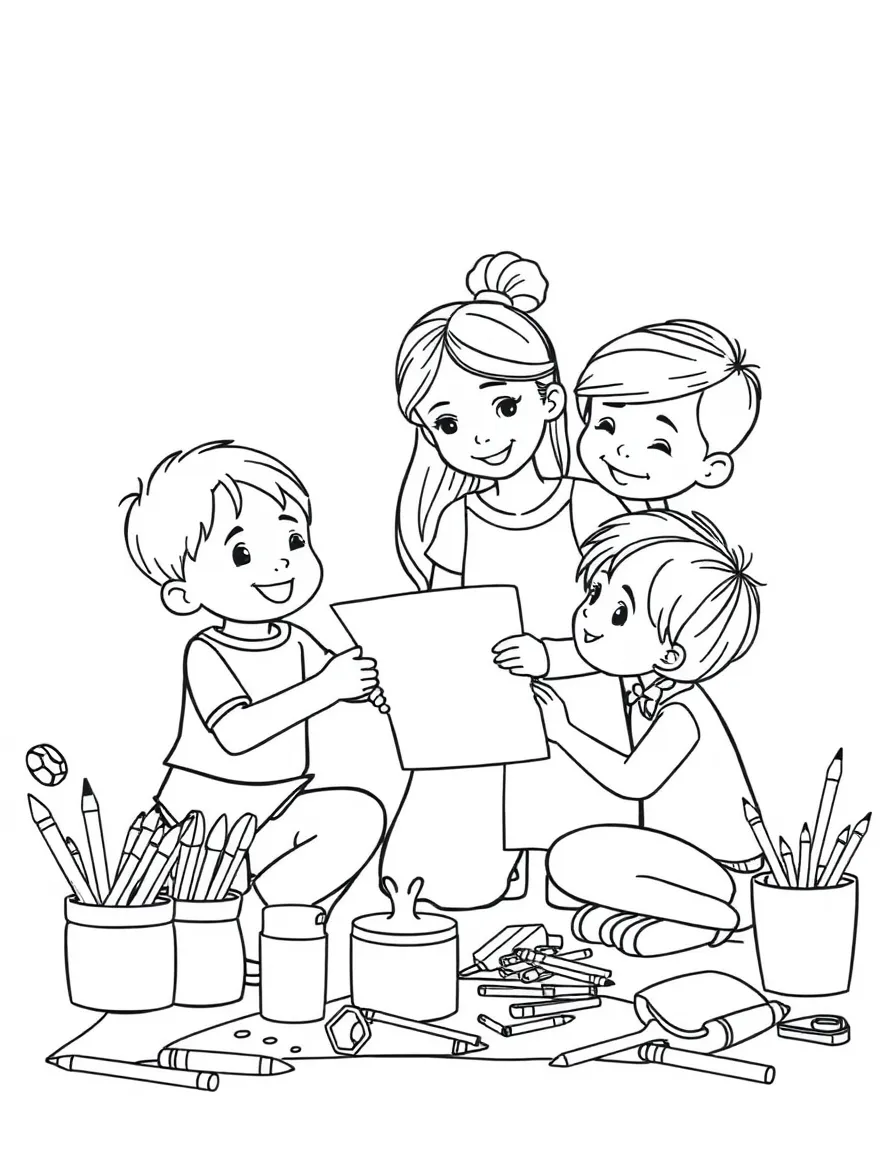 (family) Children helping parents organize art supplies