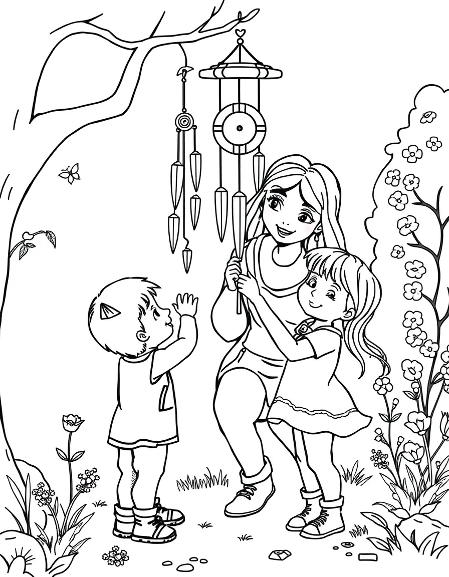 (family) Children helping mom make wind chimes