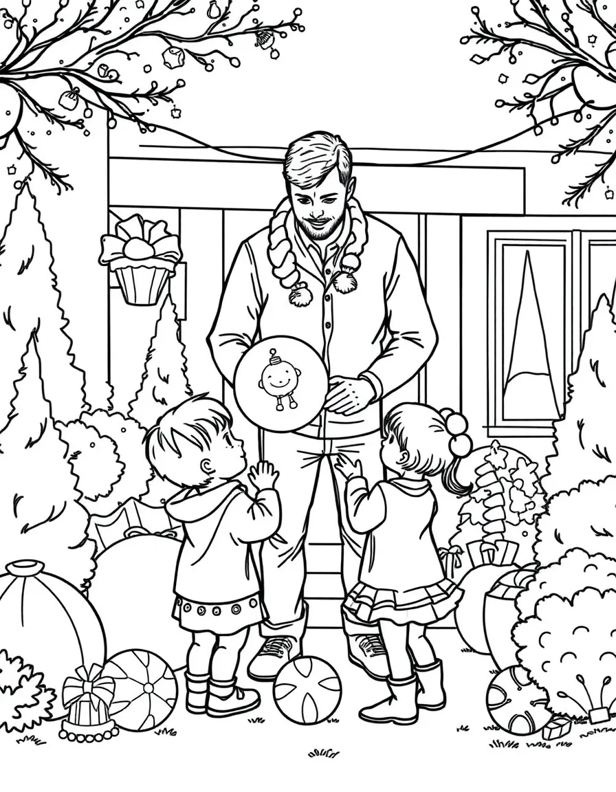 (family) Children helping dad organize outdoor decorations