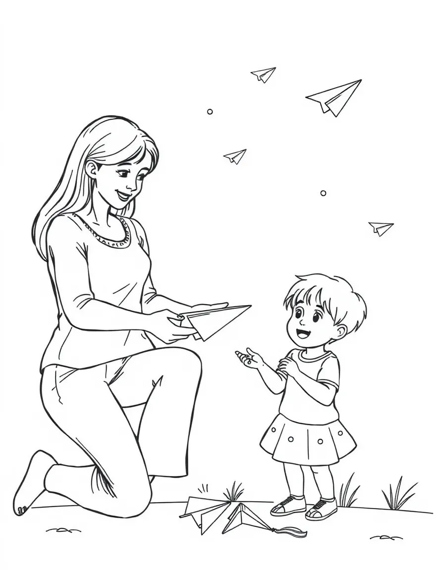 (family) Kids helping mom make paper airplanes