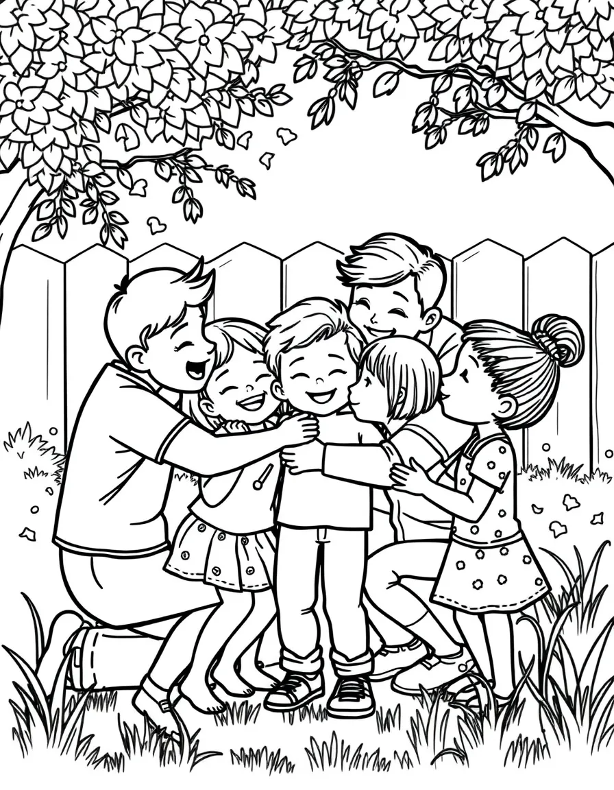 (family) Family playing group hug game in the backyard