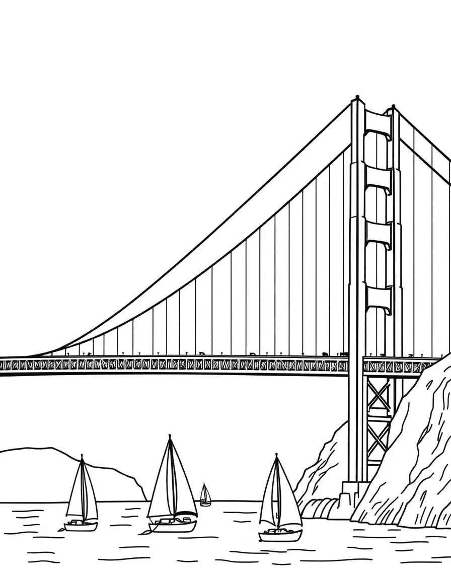 (California) Golden Gate Bridge with cars driving across and sailboats underneath