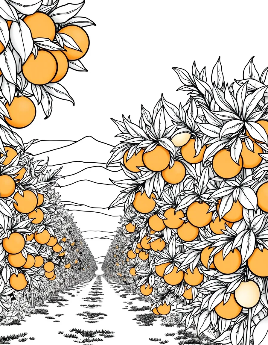 (California) Orange groves with ripe oranges on trees