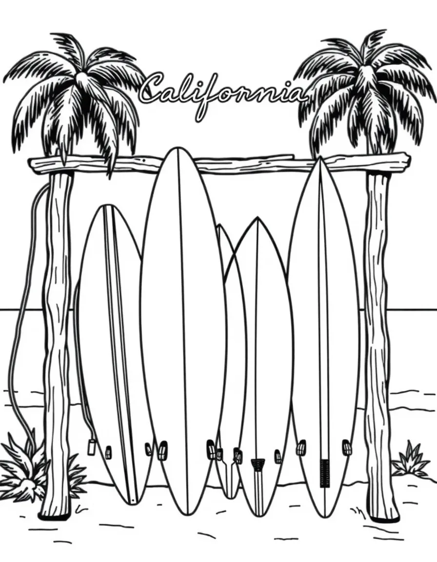 (California) Surfboard collection on a beach rack