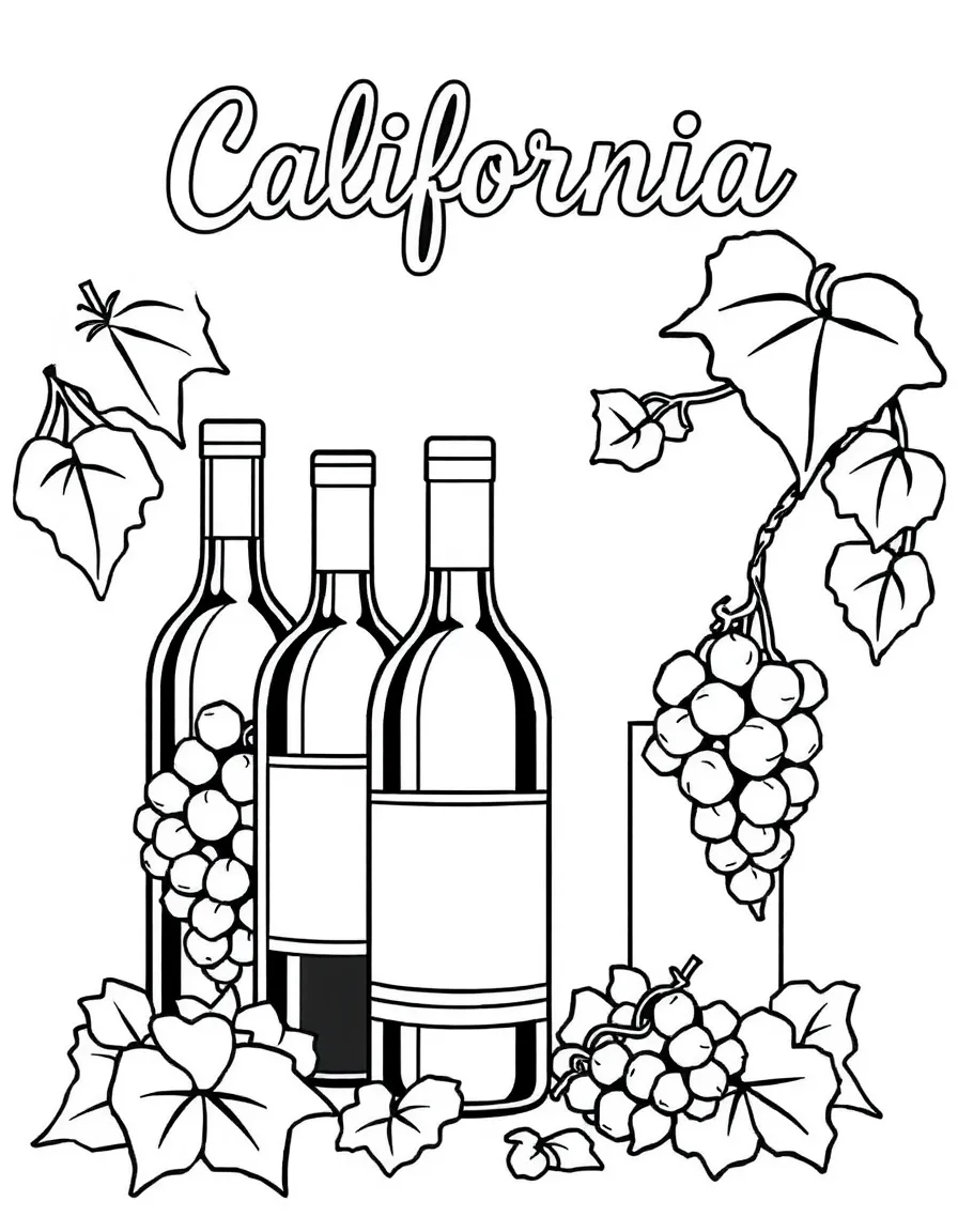 (California) California wine bottles and grape vines