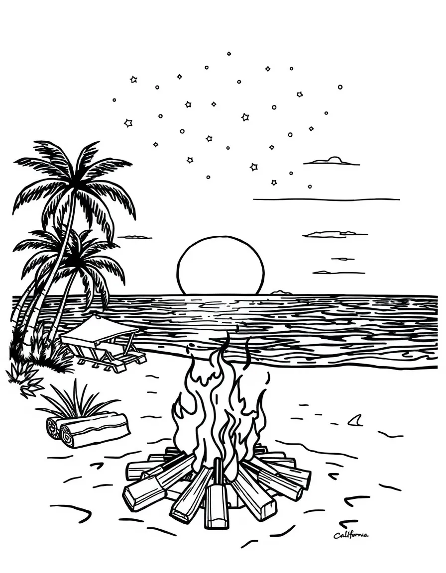 (California) California beach bonfire scene