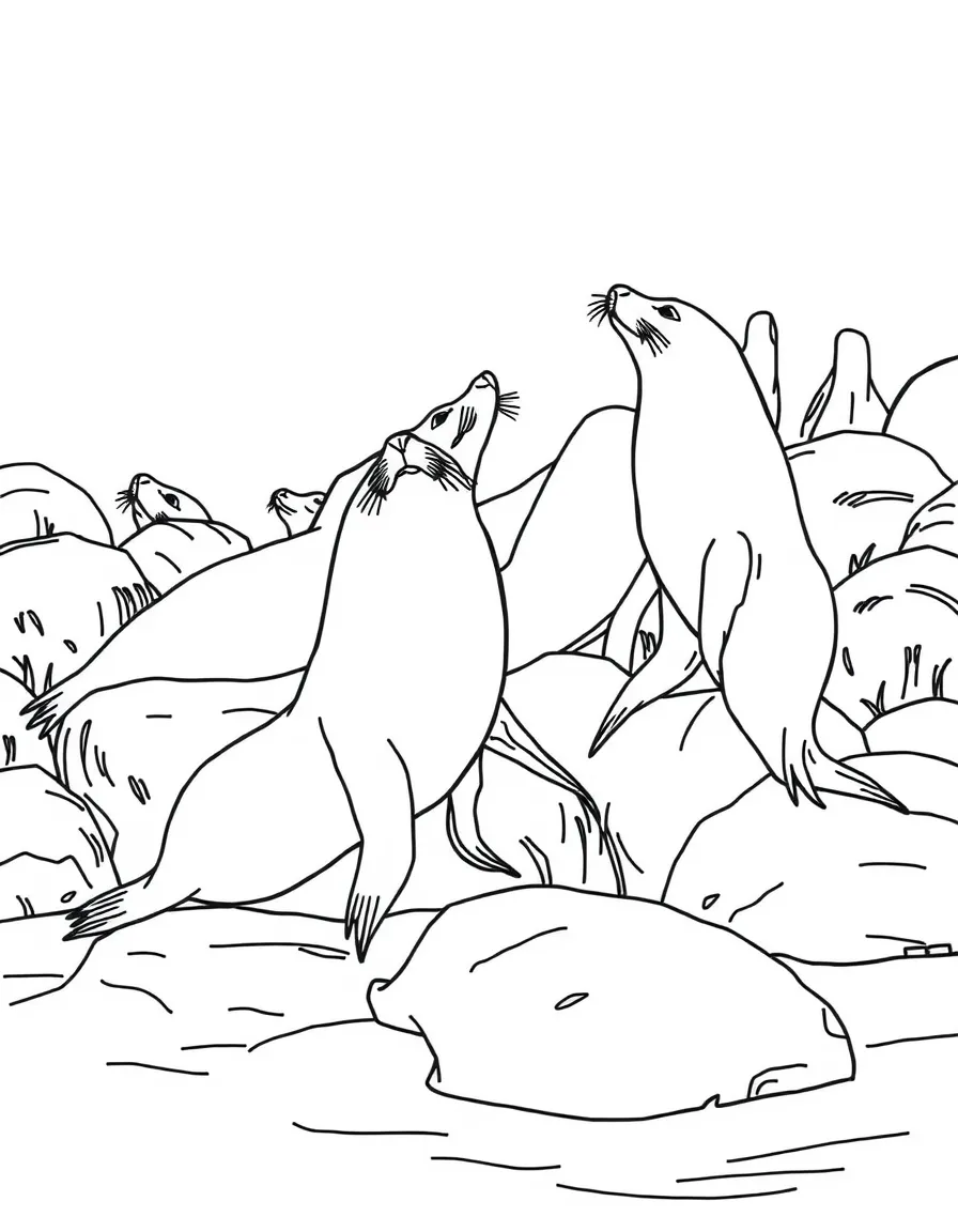 (California) California sea lions playing on rocks