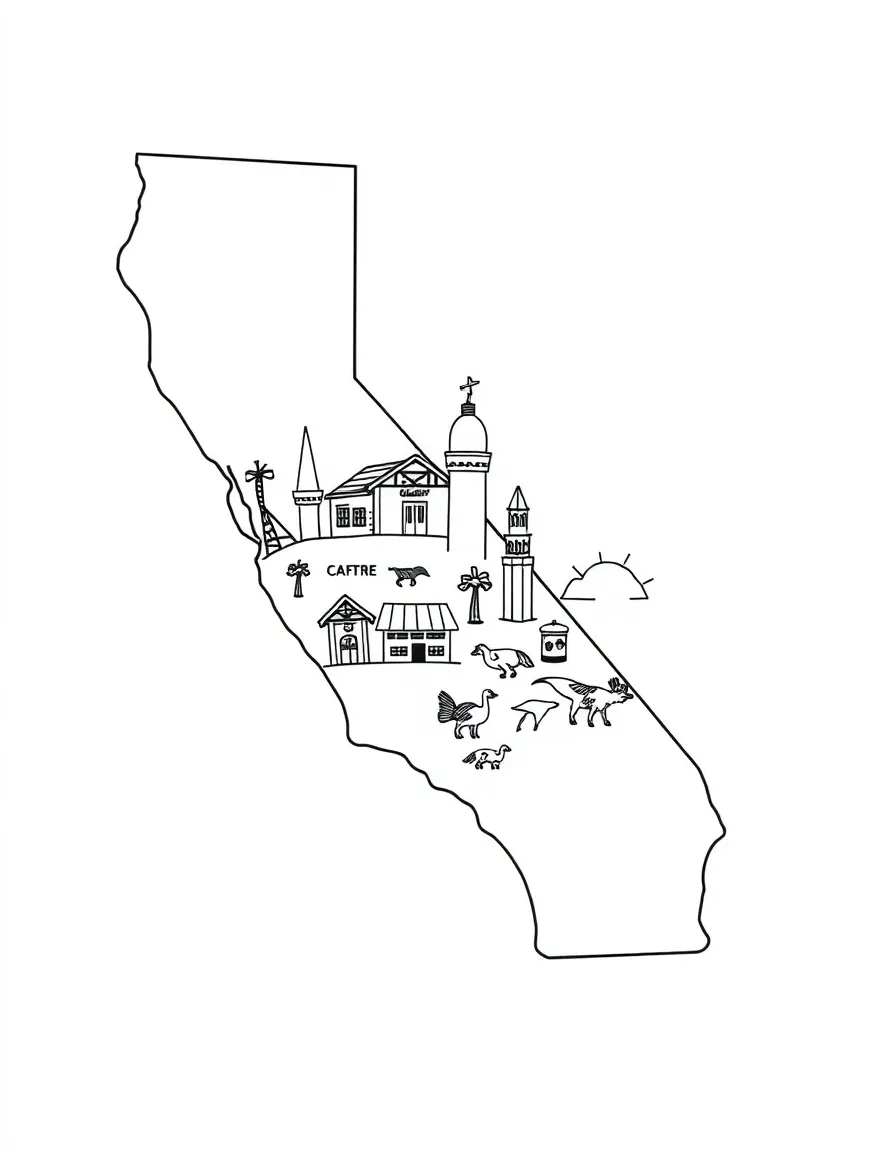 (California) Golden State outline with state symbols inside