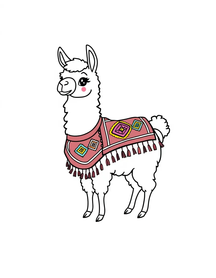 (Mexico) A cute cartoon llama wearing a colorful Mexican blanket