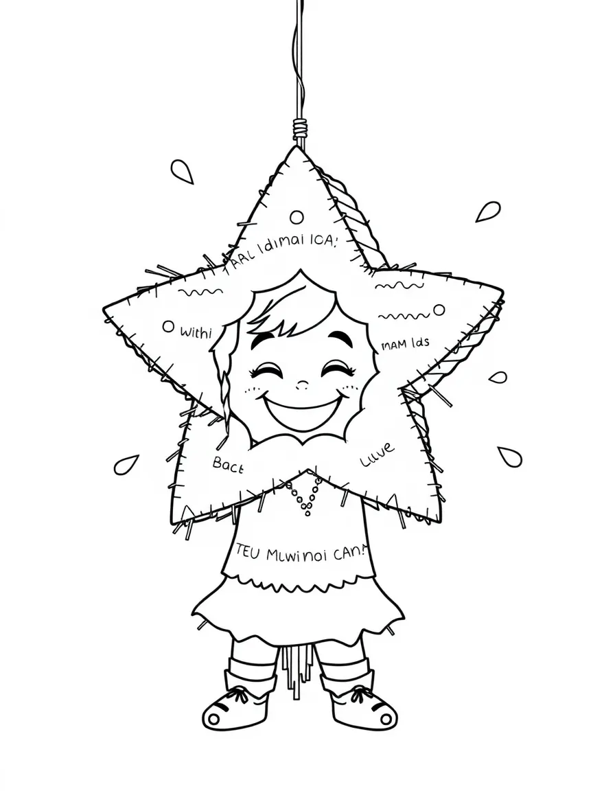 (Mexico) A smiling child breaking open a piñata shaped like a star