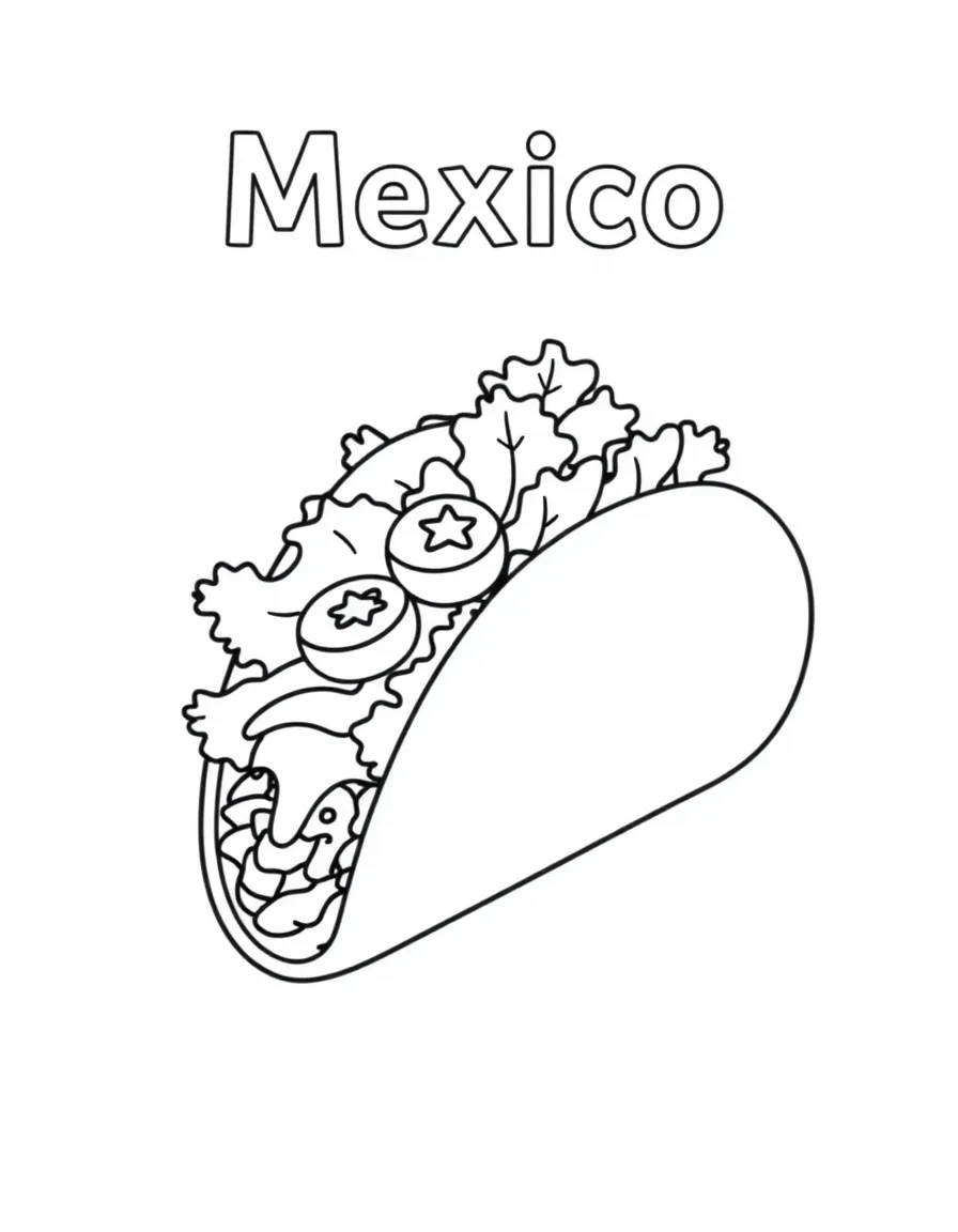 (Mexico) A festive taco with simple ingredients like lettuce, tomato, and cheese