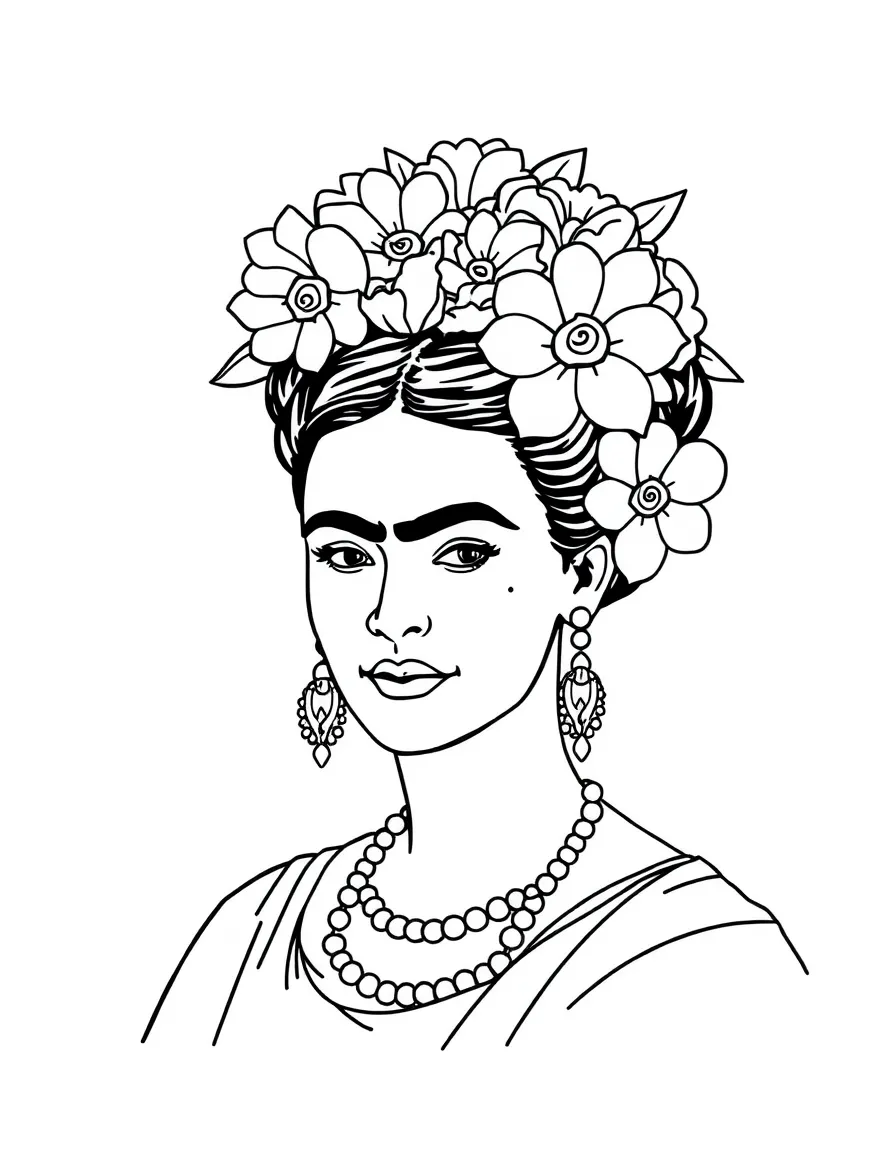 (Mexico) A basic outline of Frida Kahlo with flowers in her hair