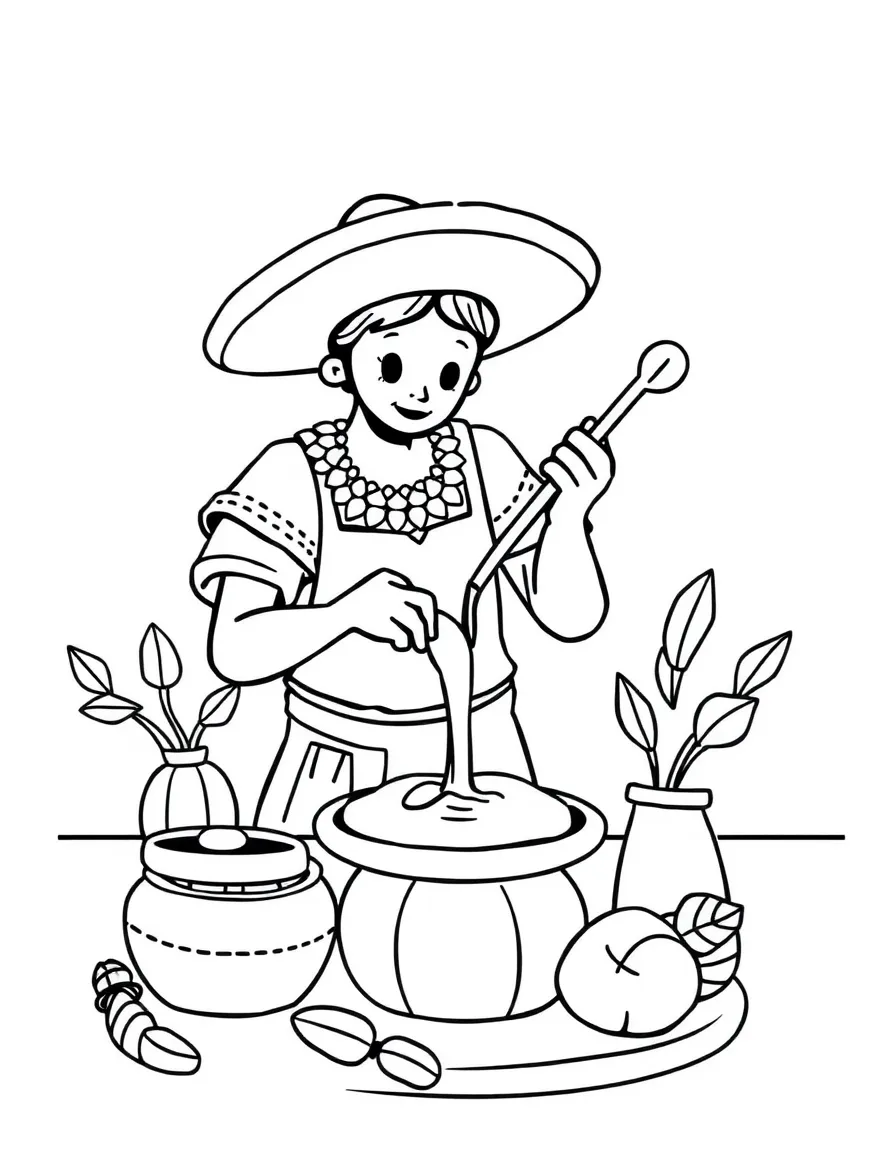 (Mexico) A basic drawing of Mexican chocolate making