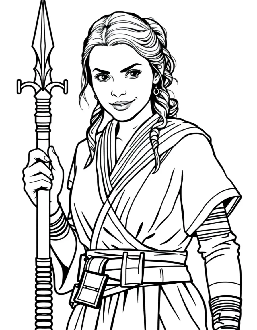 (Star Wars) Rey holding her staff and smiling