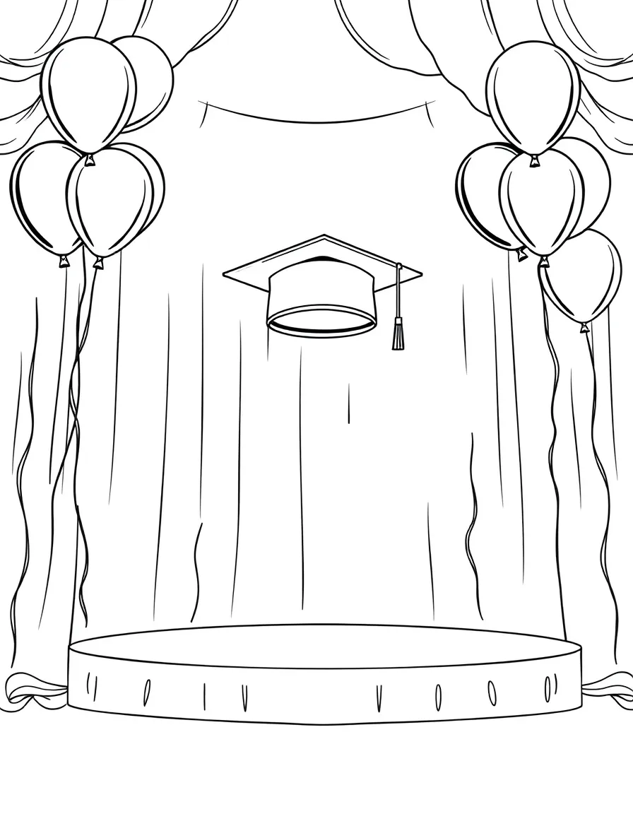 A graduation ceremony stage with balloons and streamers