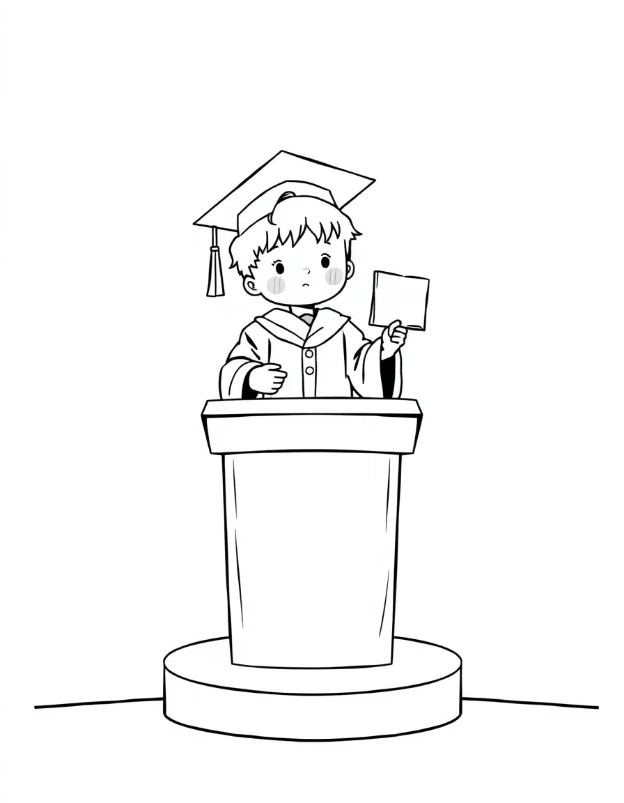 A child standing on a podium receiving a diploma