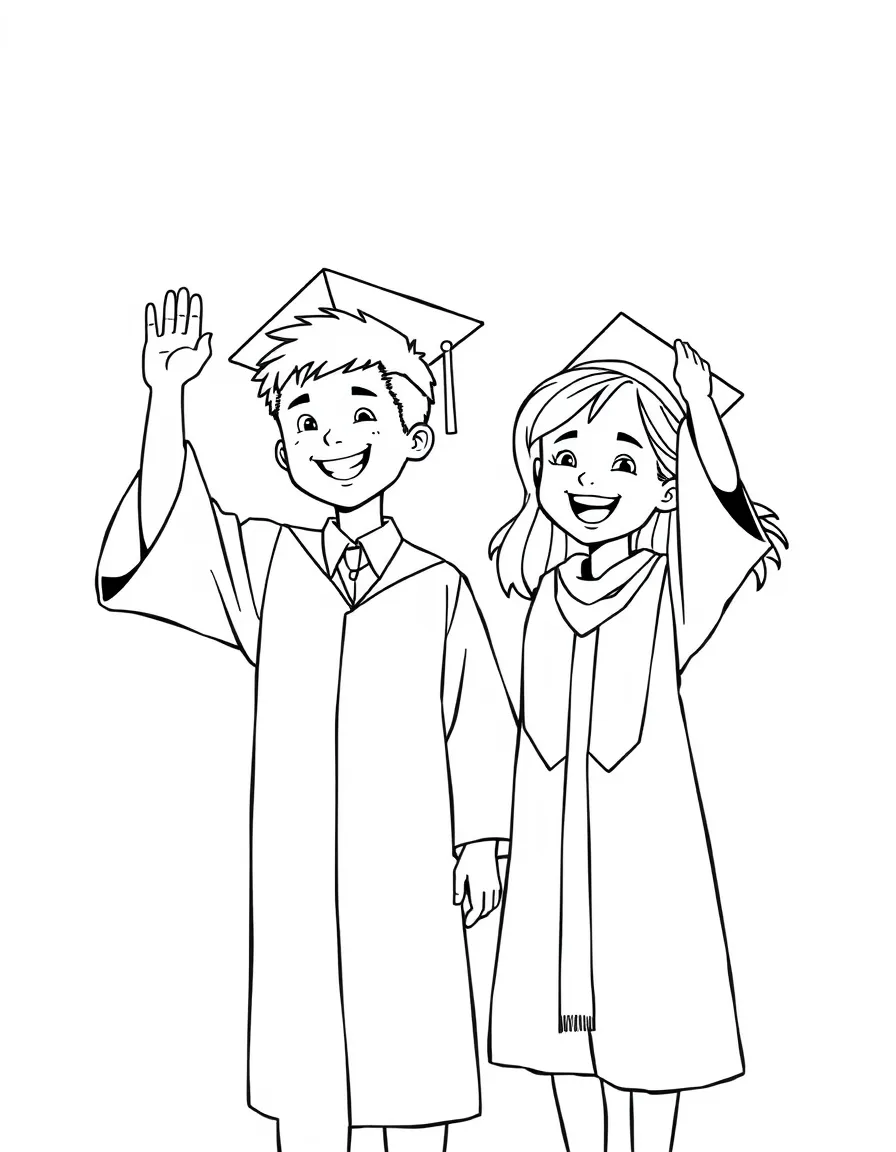 A boy and girl high-fiving in graduation gowns