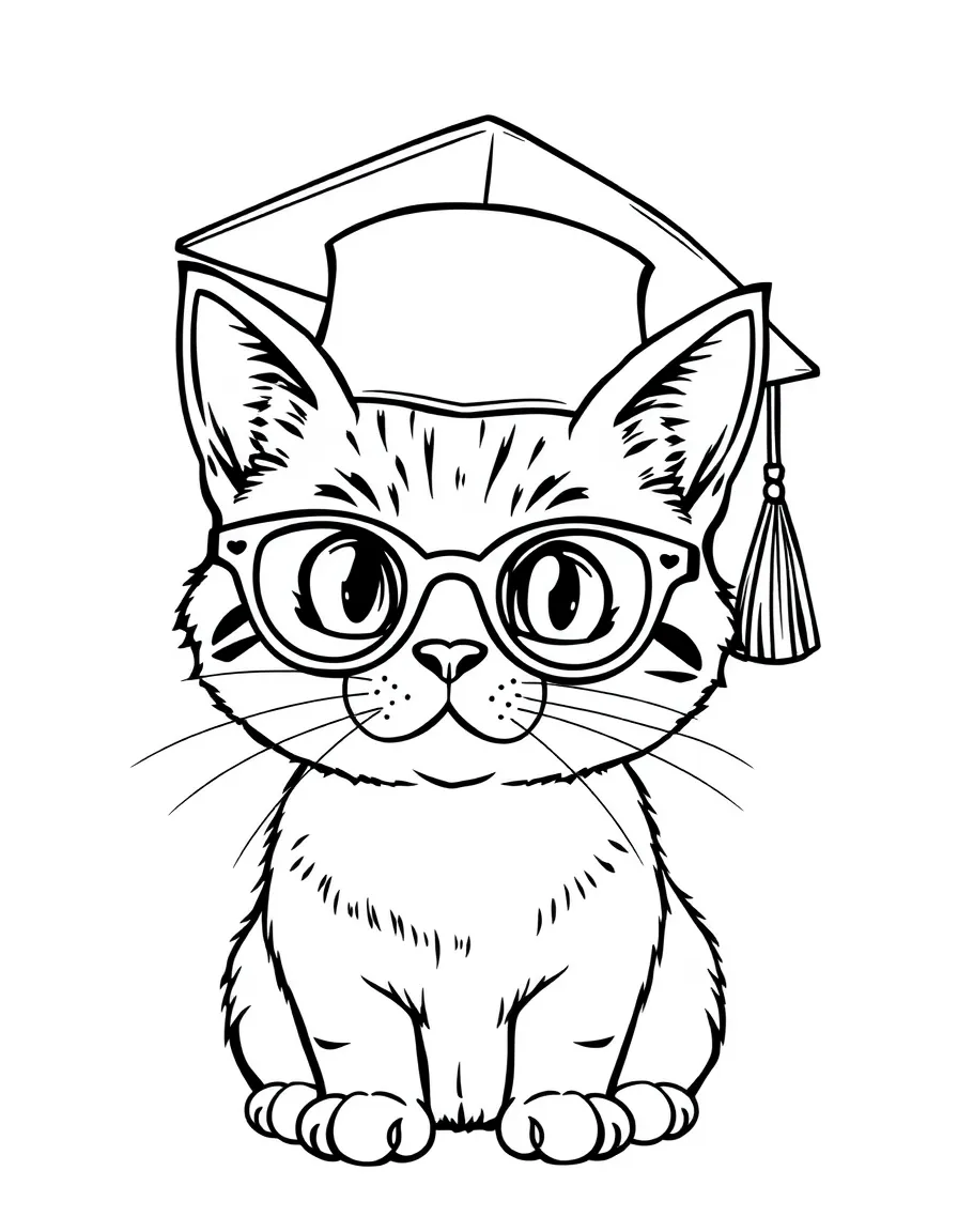 A cute cat in glasses and a graduation hat